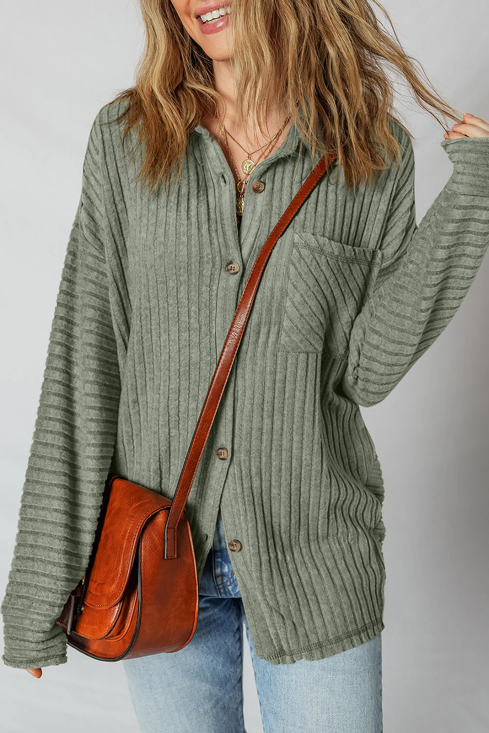 Threaded Pear Lucia Ribbed Texture Button Up Shacket - Image 5