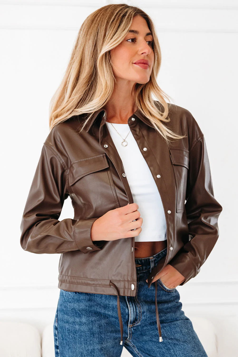 Threaded Pear Mila Drawstring Hem Leather Jacket - Image 4