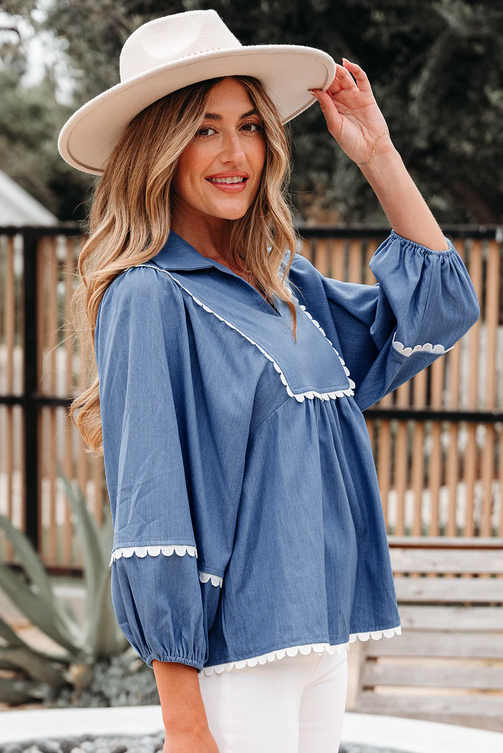 Threaded Pear Nevaeh Lace Ric Rac 3/4 Puff Sleeve Collared Babydoll Blouse - Image 3