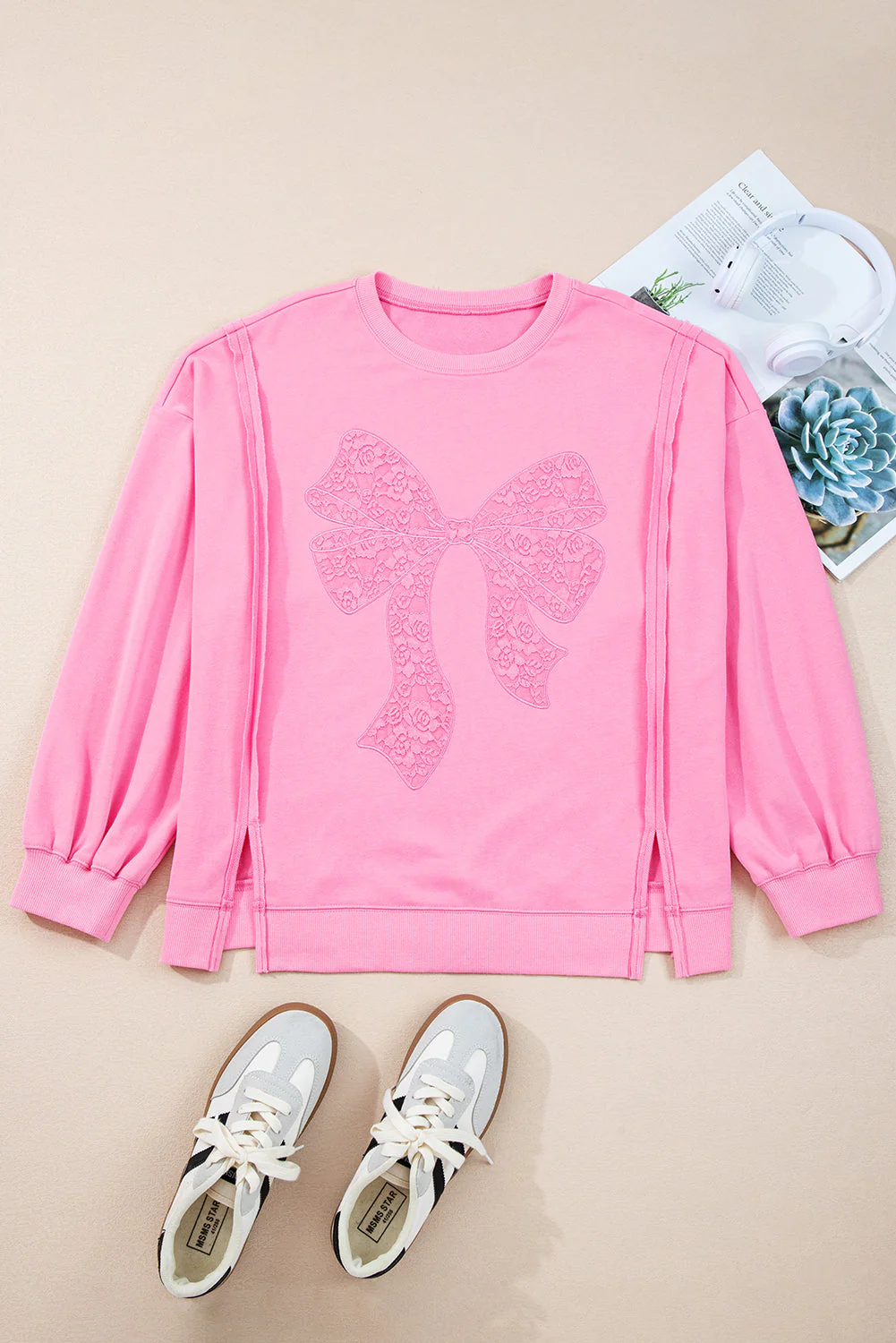 Threaded Pear Pink Big Bow Lace Embroidered Dolman Sleeve Slit Plus Size Sweatshirt - Image 10