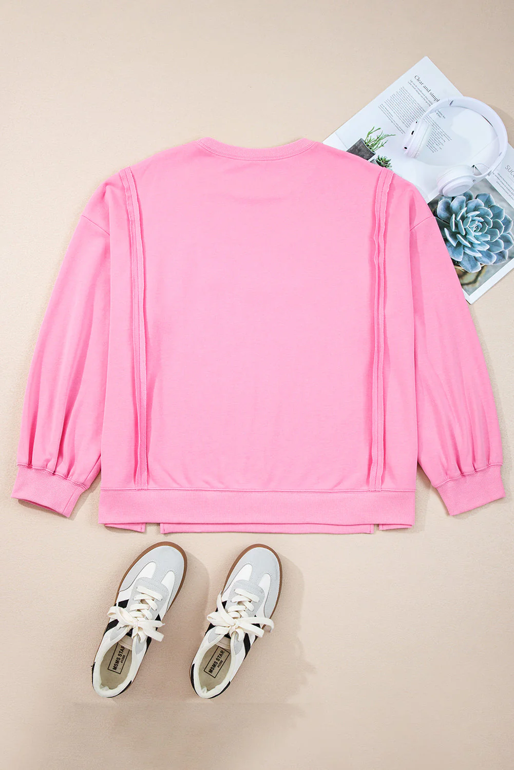 Threaded Pear Pink Big Bow Lace Embroidered Dolman Sleeve Slit Plus Size Sweatshirt - Image 11