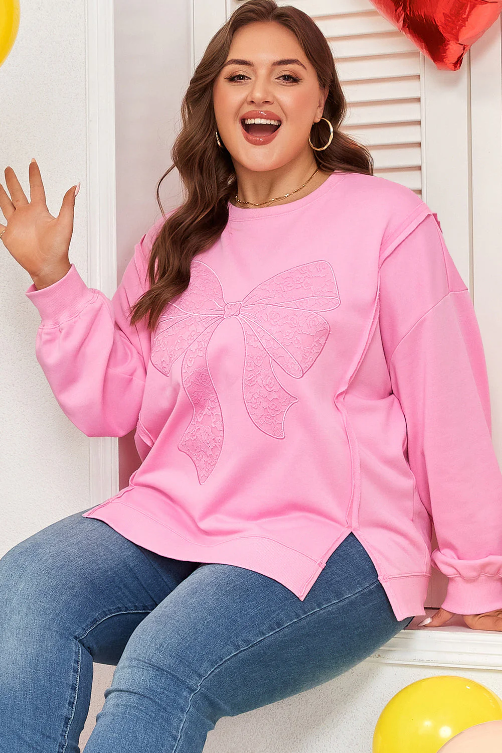 Threaded Pear Pink Big Bow Lace Embroidered Dolman Sleeve Slit Plus Size Sweatshirt - Image 3