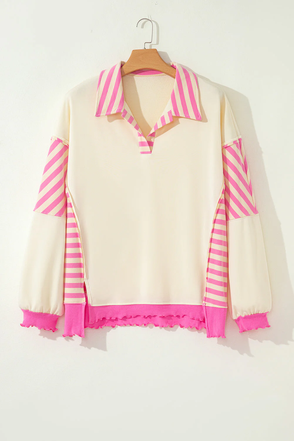 Threaded Pear Pink Stripe Contrast Polo Collar Drop Shoulder Patchwork Plus Size Pullover - Image 10