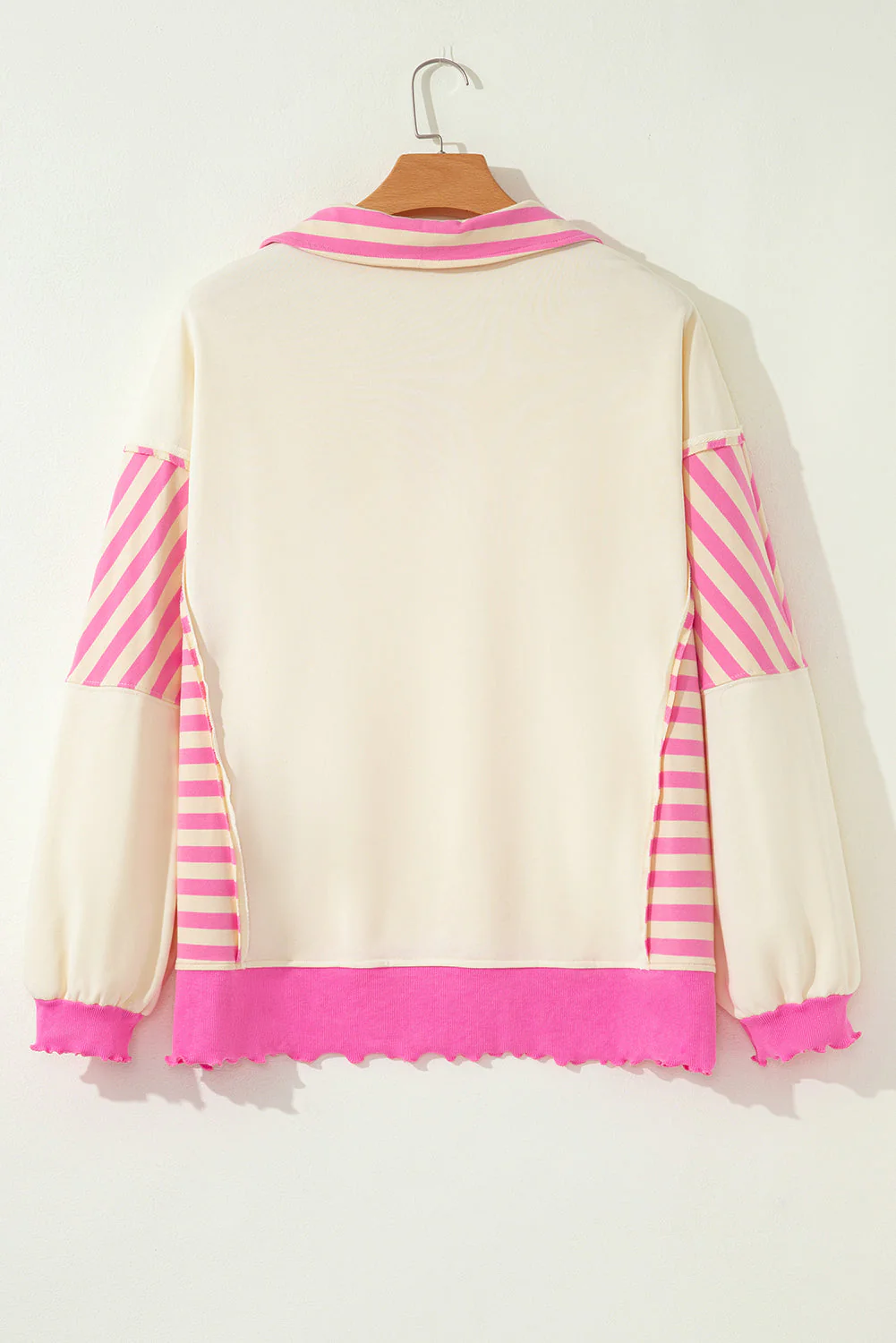 Threaded Pear Pink Stripe Contrast Polo Collar Drop Shoulder Patchwork Plus Size Pullover - Image 11