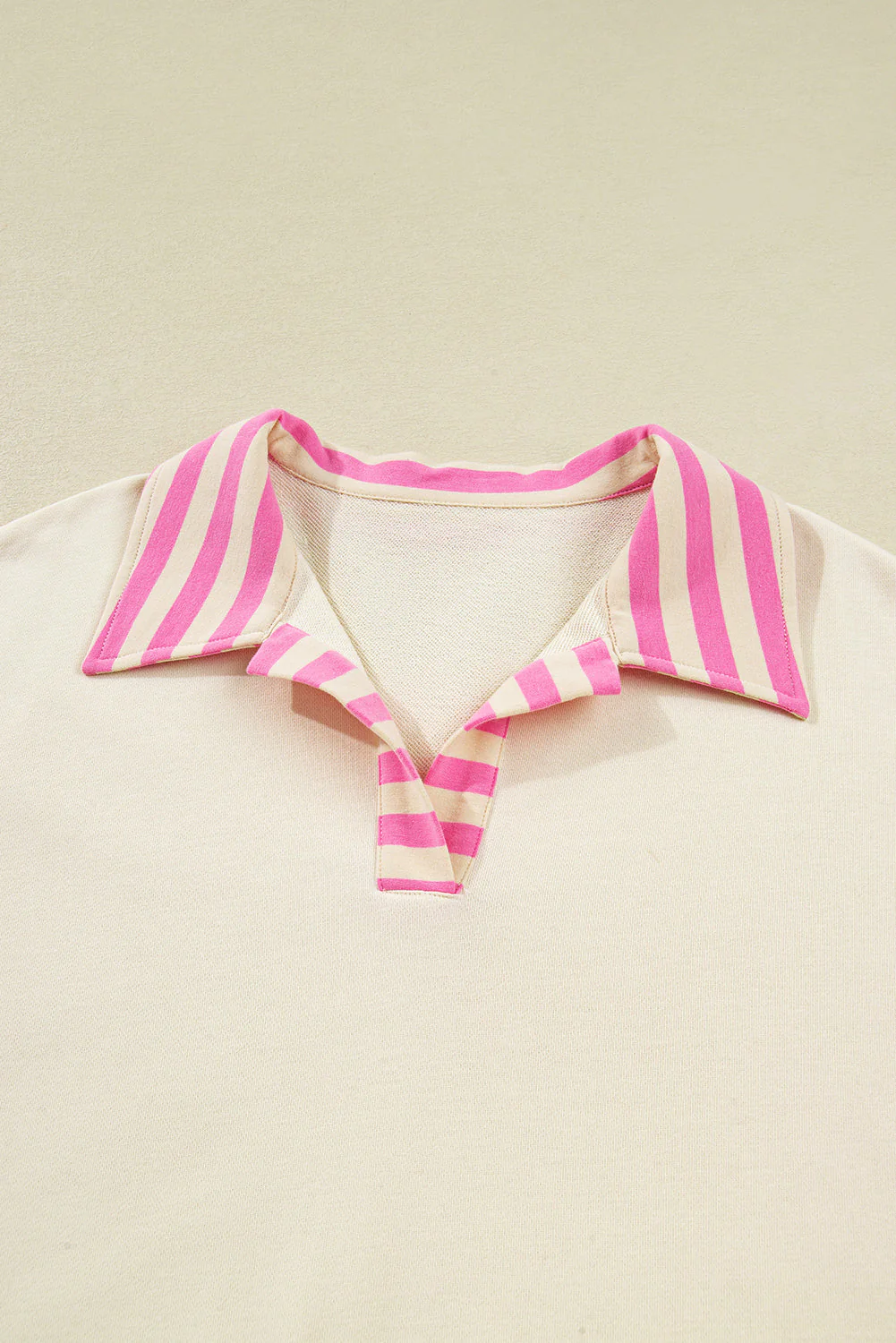 Threaded Pear Pink Stripe Contrast Polo Collar Drop Shoulder Patchwork Plus Size Pullover - Image 12