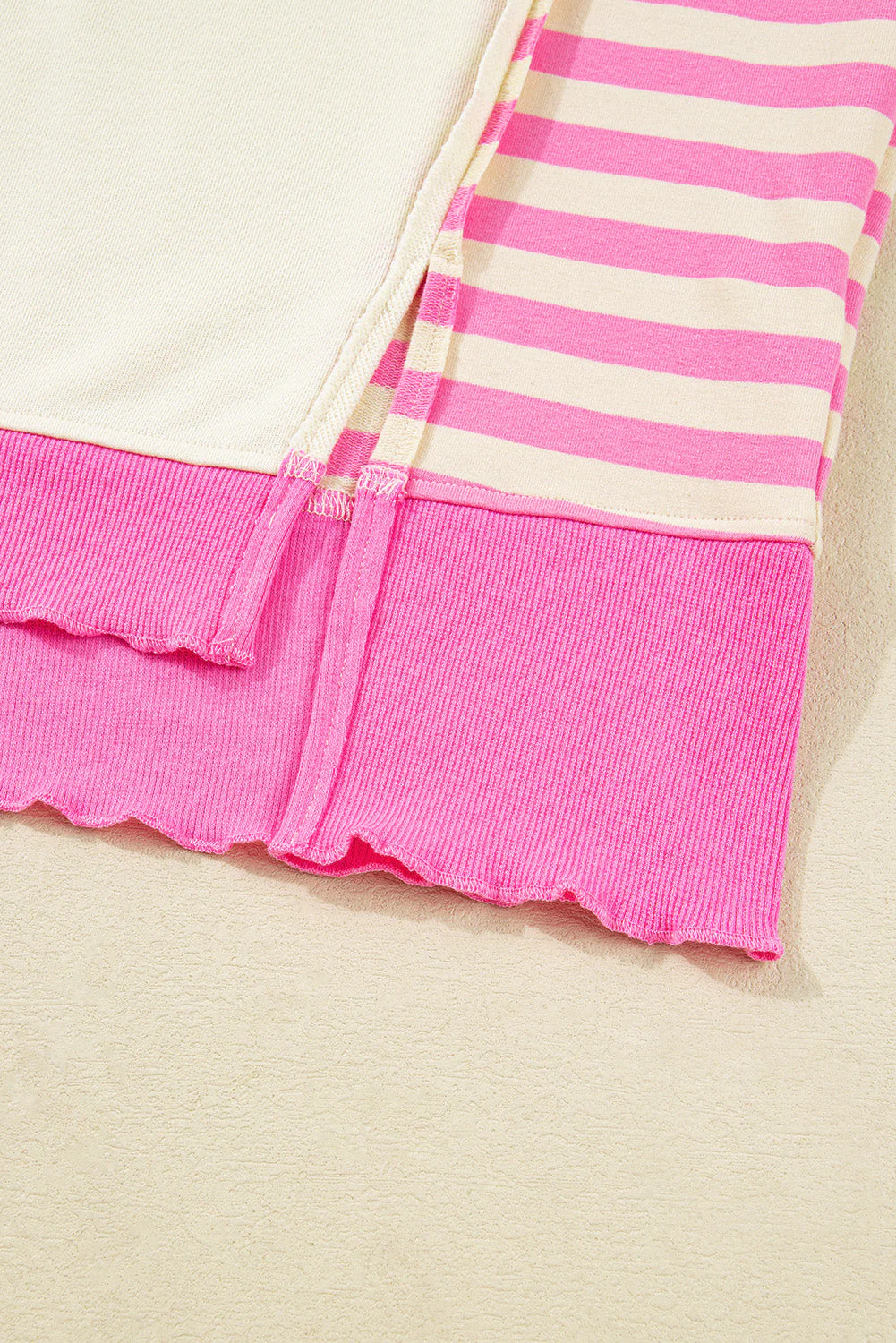 Threaded Pear Pink Stripe Contrast Polo Collar Drop Shoulder Patchwork Plus Size Pullover - Image 14