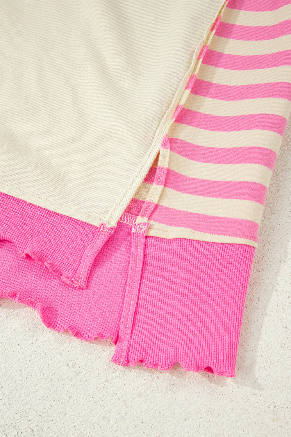 Threaded Pear Pink Stripe Contrast Polo Collar Drop Shoulder Patchwork Plus Size Pullover - Image 16