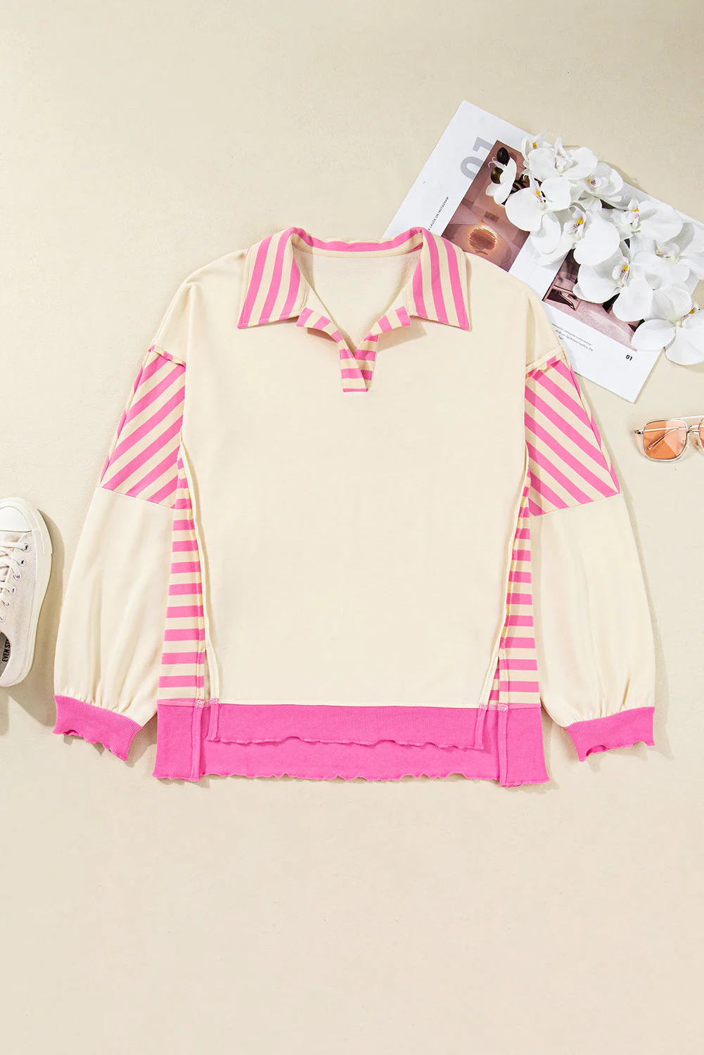 Threaded Pear Pink Stripe Contrast Polo Collar Drop Shoulder Patchwork Plus Size Pullover - Image 8