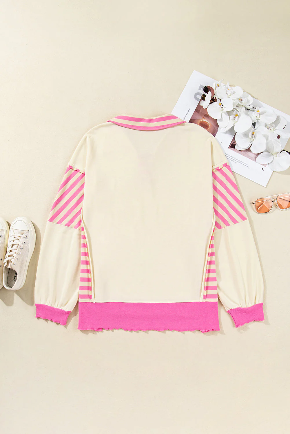 Threaded Pear Pink Stripe Contrast Polo Collar Drop Shoulder Patchwork Plus Size Pullover - Image 9