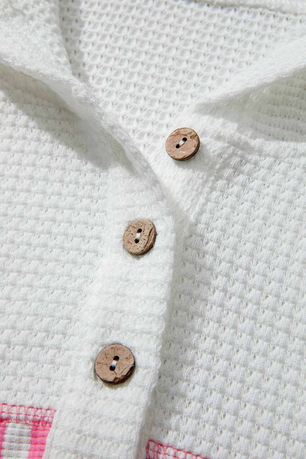 Threaded Pear Pink Stripe Leopard Patchwork Waffle Knit Buttoned Plus Size Hoodie - Image 12