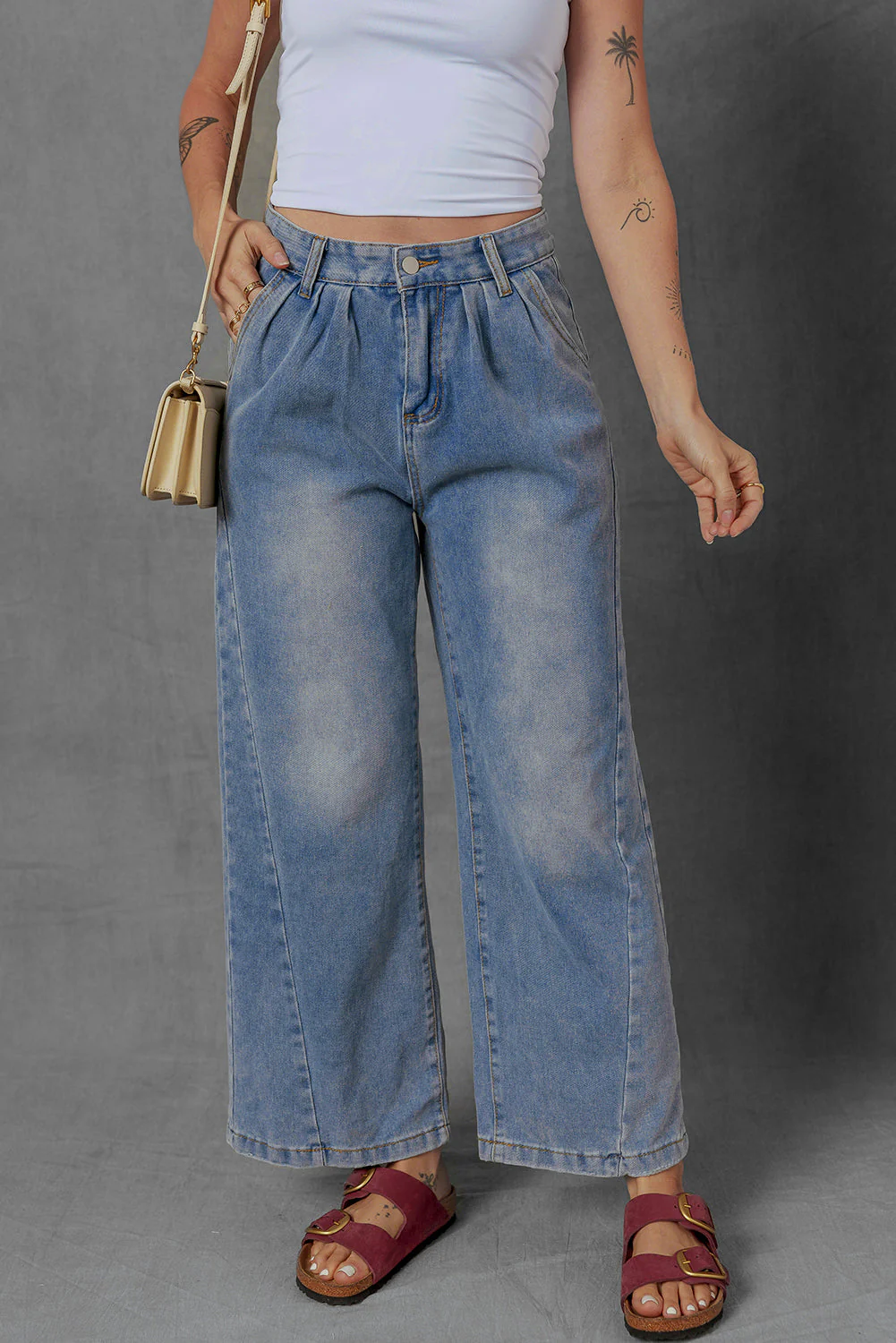 Threaded Pear Scottie Blue Washed Pleated Detail Wide Leg Jeans