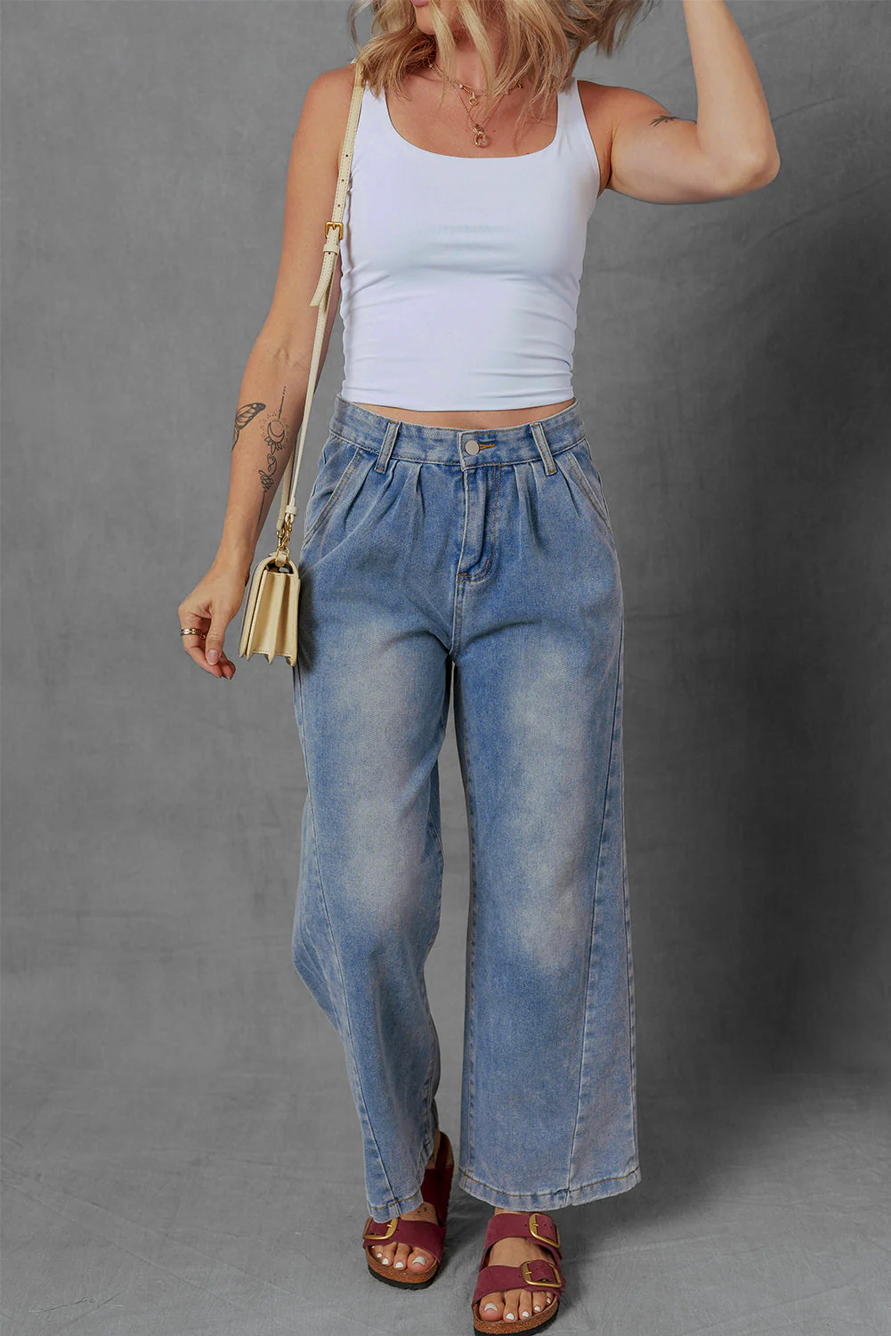 Threaded Pear Scottie Blue Washed Pleated Detail Wide Leg Jeans - Image 4