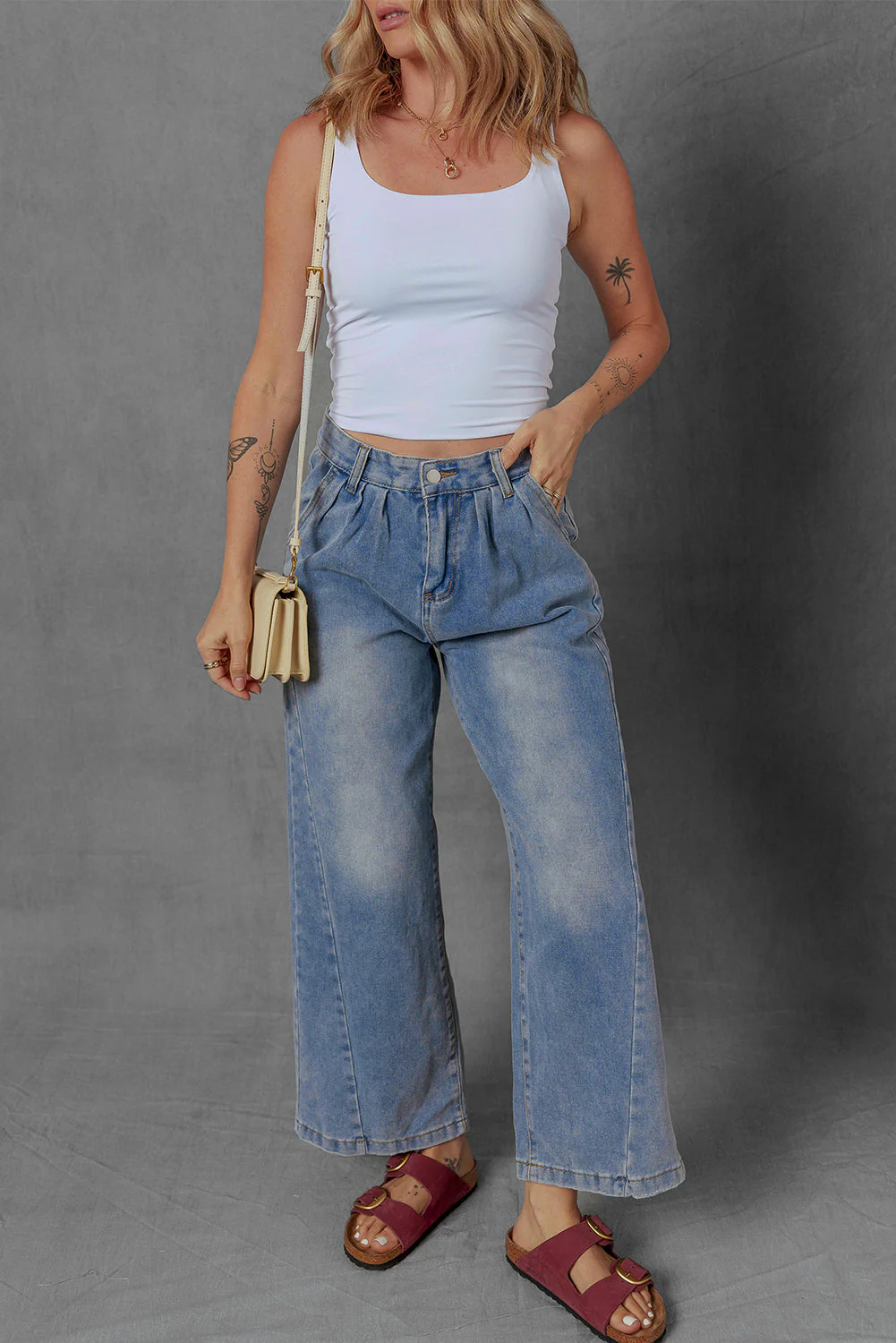 Threaded Pear Scottie Blue Washed Pleated Detail Wide Leg Jeans - Image 5