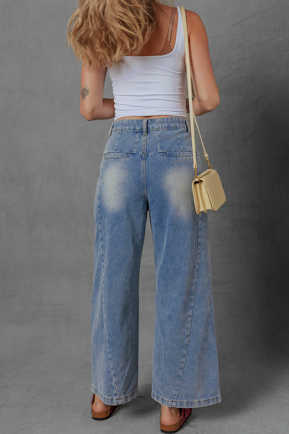 Threaded Pear Scottie Blue Washed Pleated Detail Wide Leg Jeans - Image 6