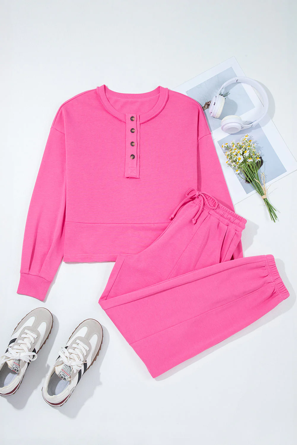 Threaded Pear Vera Raw Edge Half Buttons Pullover and Jogger Pants Set - Image 7