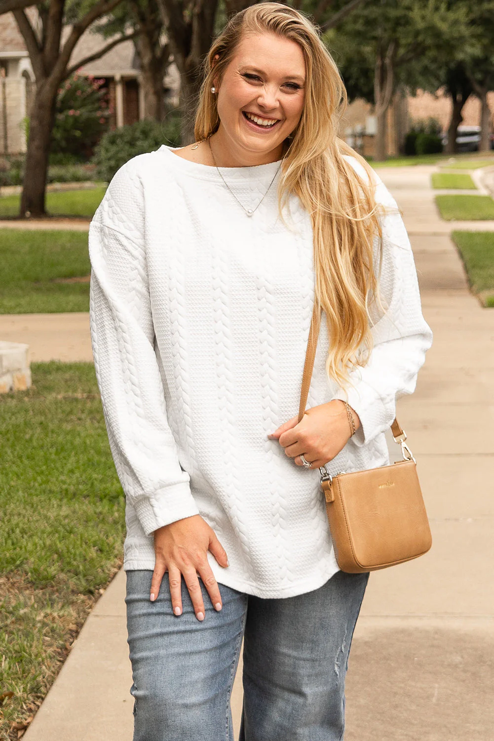 Threaded Pear White Cable Textured Loose Plus Size Sweatshirt - Image 4